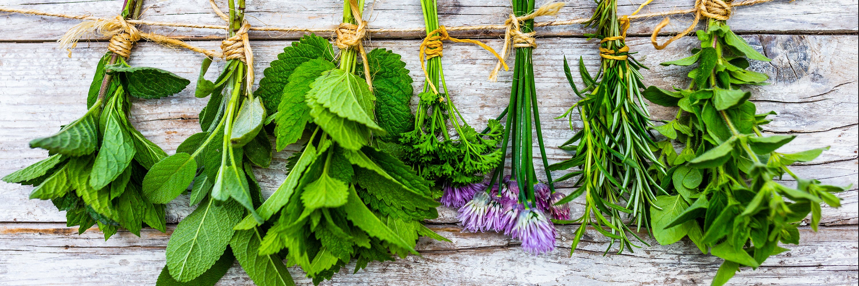 Bundles of fresh herbs tied together on a wooden surface