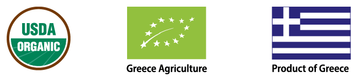 Logos for USDA Organic, Greece Agriculture, and Product of Greece on a white background.