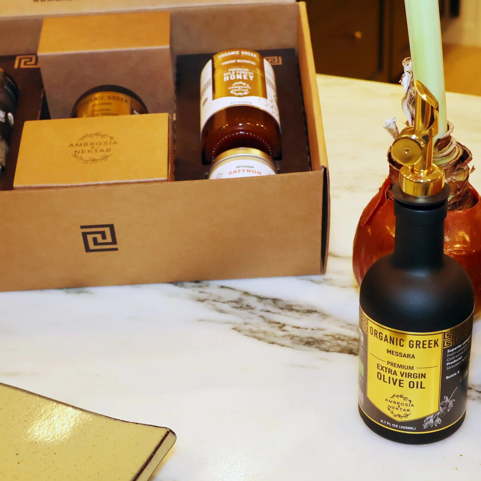Set: EVOO Petite + Honey + Saffron + Oregano + Spout - Ambrosia - Nektar.com